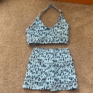 Leopard Print Sports Bra and Shorts Set - Black and Blue
